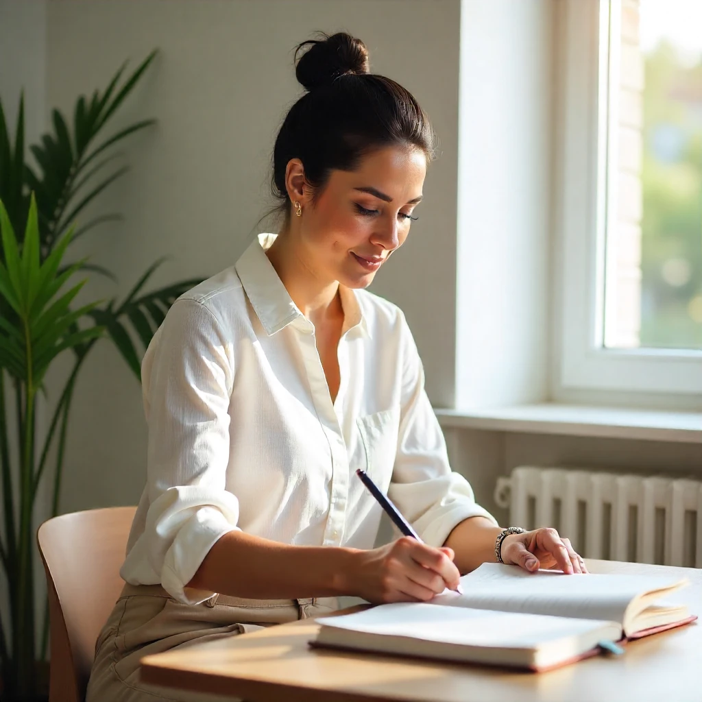 mulher empreendedora escrevendo em um planner de papel